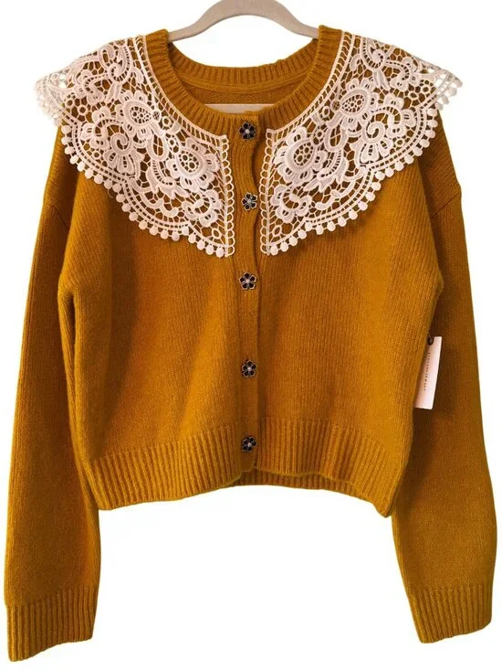 Maeve By Anthropologie Mustard Cardigan With Lace Collar Floral Buttons Size M - Picture 13 of 14